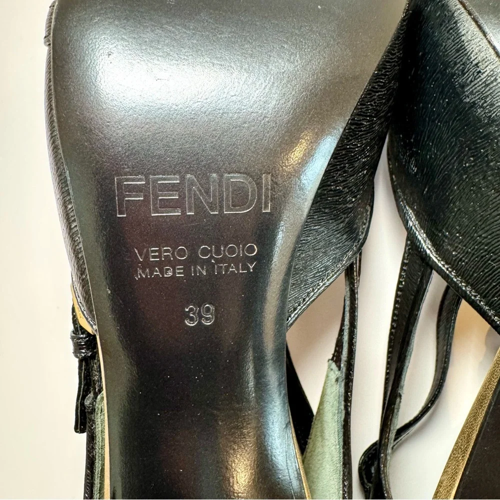 Fendi Black Leather Peep Toe D’Orsay Pumps W Gold Buckle Accents, Size 39
